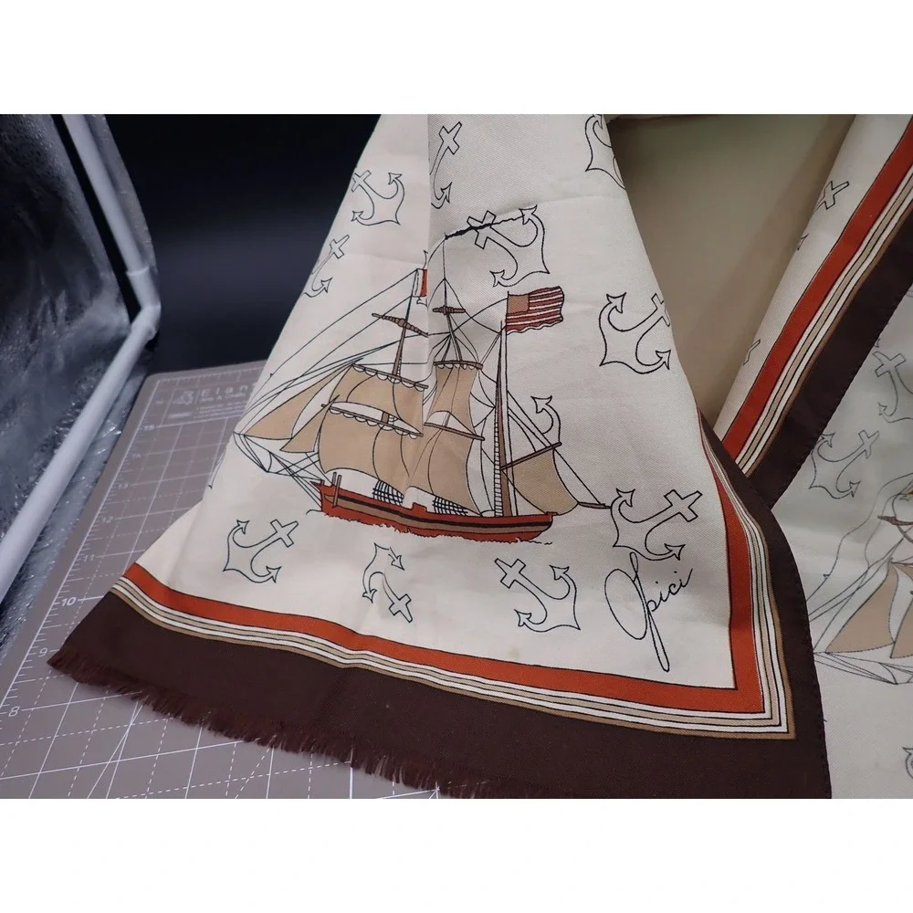 Vintage Scarf Anchors Ships Tan and Rust Colored signed 52